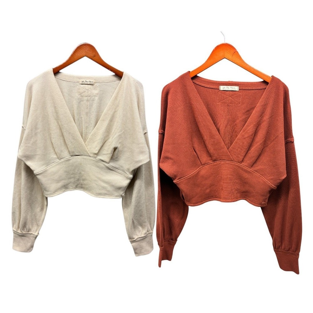 Free People All Nighter Top Womens L Rust Cream Waffle Knit Cropped Lot of 2